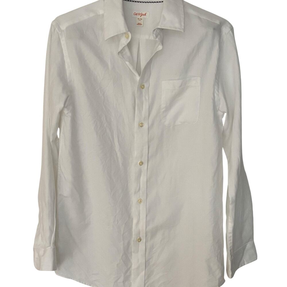Cat & Jack White Herringbone Pattern Button Up Cotton Blend Boys XL/Men's Small